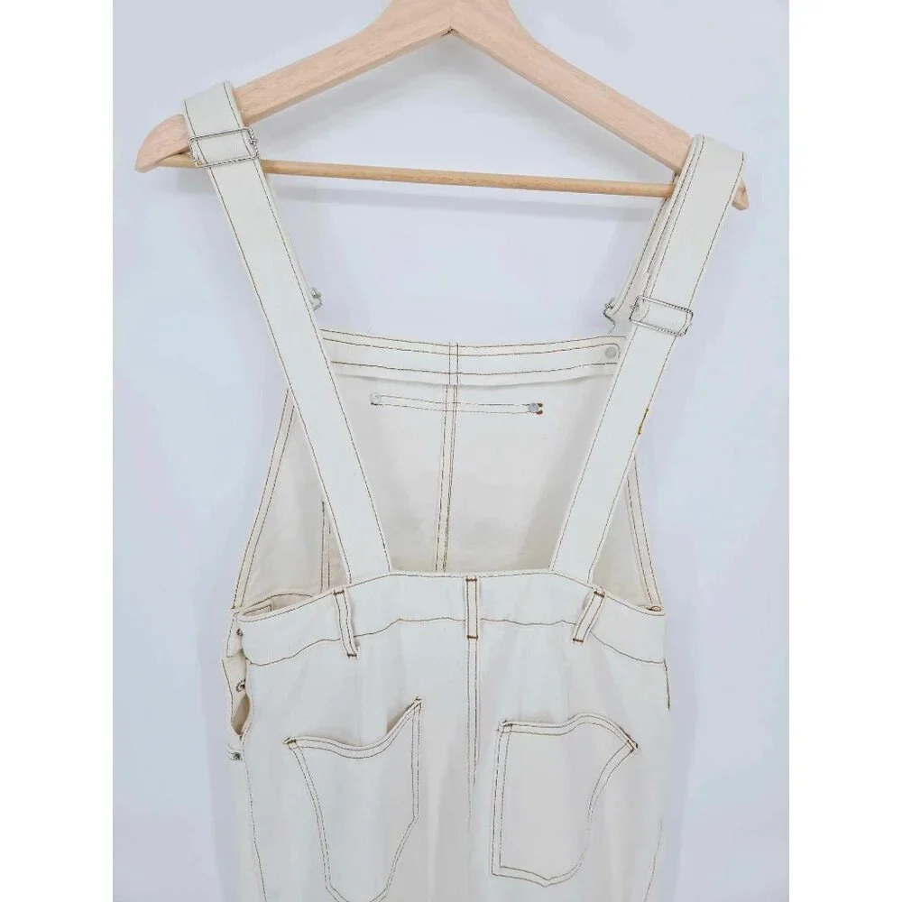 Zara Off White Brown Stitches Denim Overall Dress Bib Skirt Size Medium - Picture 10 of 14